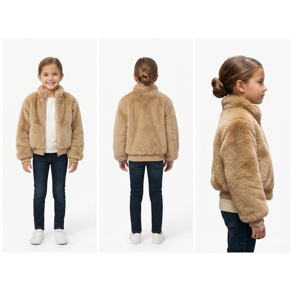 Janie And Jack Bomber Jacket Girls 14-16 Brown Faux Fur Long Sleeve Full-Zip